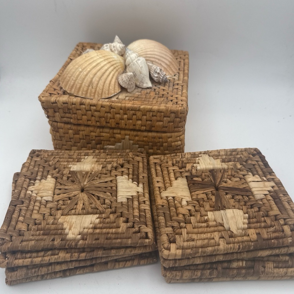 Rattan Woven 8 Pc Coaster Set W/ Lidded Box Adorned With Shells 5x5”
